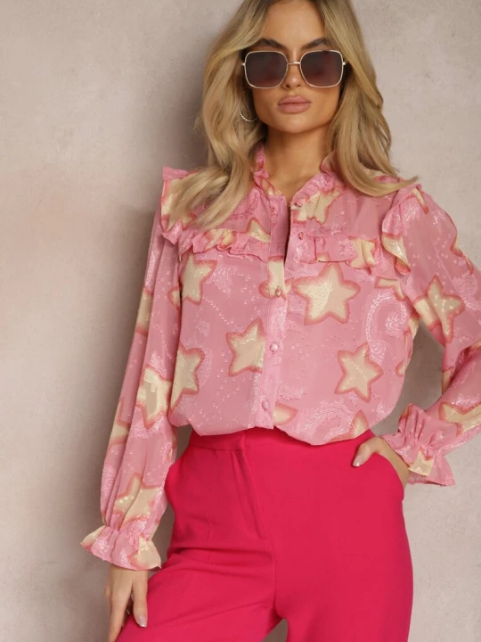 Zdjęcie produktu Różowa Koszula Ozdobiona Falbankami i Wzorem w Gwiazdki Limixa Retro & Icone