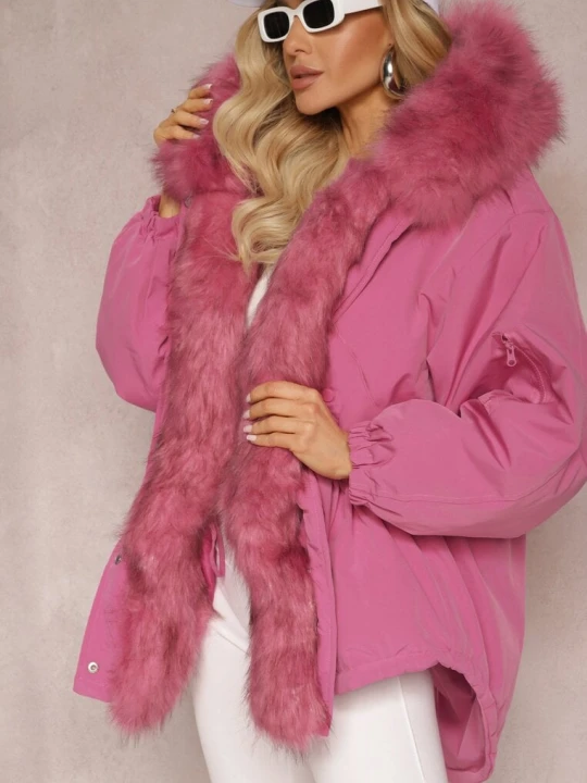 Zdjęcie produktu Różowa Kurtka Parka Oversize z Futerkiem Horelle Jus De Pom