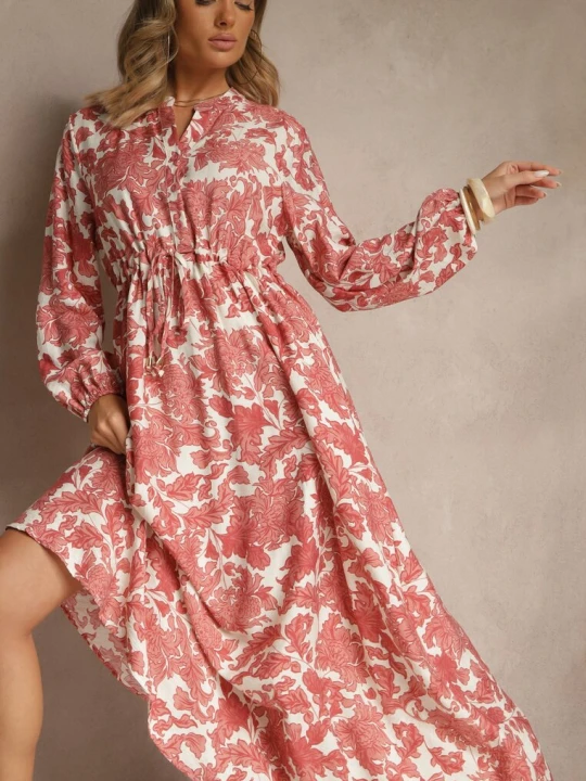 Zdjęcie produktu Różowa Kwiecista Sukienka z Wiskozą o Rozkloszowanym Kroju Filennea M&d Fashion