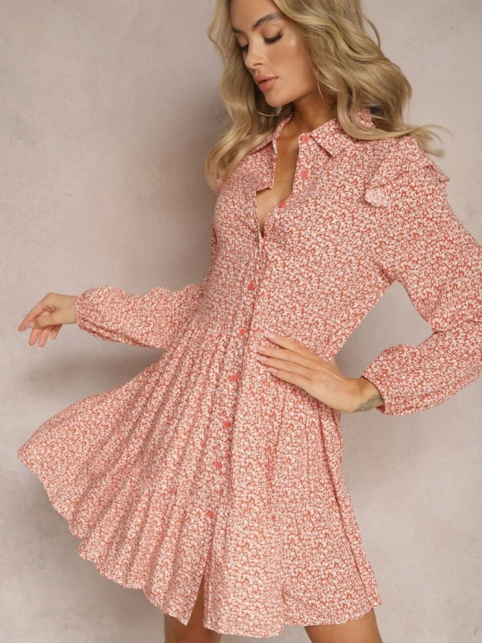 Zdjęcie produktu Różowa Mini Sukienka o Rozkloszowanym Kroju w Kwiaty z Falbankami Limrena R&f Fashion
