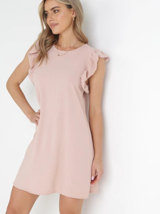 Zdjęcie produktu Różowa Pudełkowa Sukienka Mini z Falbankami przy Ramionach Alizea Lily Rose