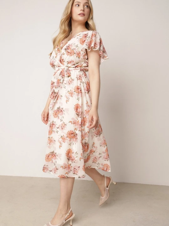 Zdjęcie produktu Różowa Romantyczna Sukienka Kopertowa z Wiązanym Paskiem i Brokatem Yael M&d Fashion