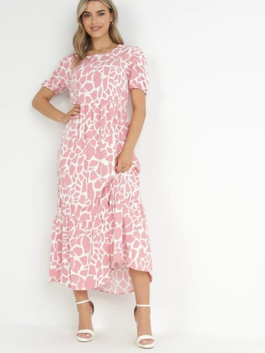 Zdjęcie produktu Różowa Rozkloszowana Sukienka Maxi z Falbanką na Dole Zeanna R&f Fashion