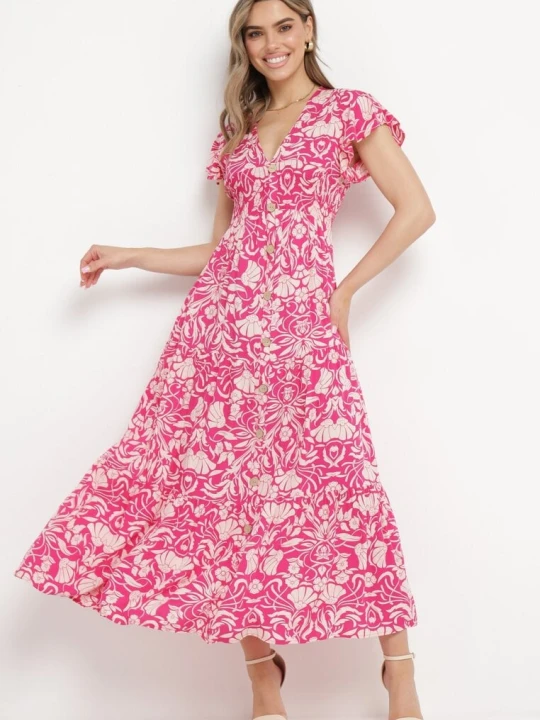 Zdjęcie produktu Różowa Rozkloszowana Sukienka Maxi z Luźnym Rękawem w Kwiatowy Print Oxeria Sweet&girl
