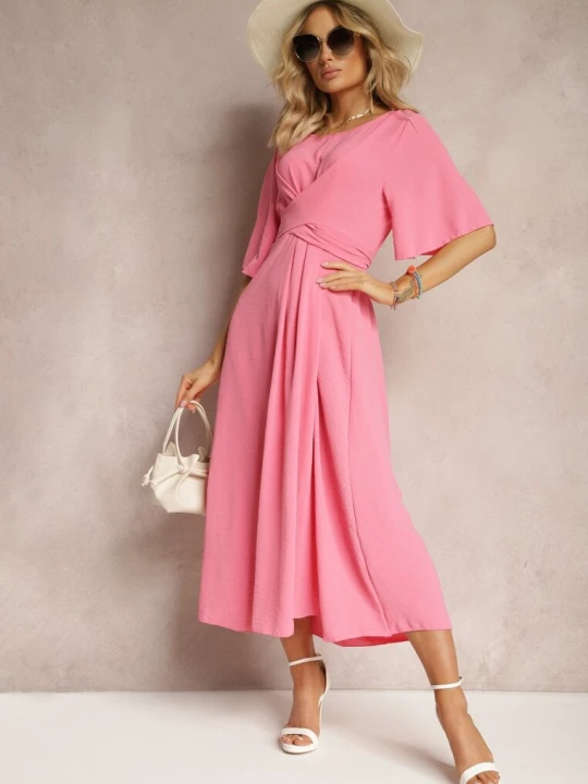 Zdjęcie produktu Różowa Rozkloszowana Sukienka Maxi z Szerokim Rękawem i Gumką w Pasie Sador Lily Rose