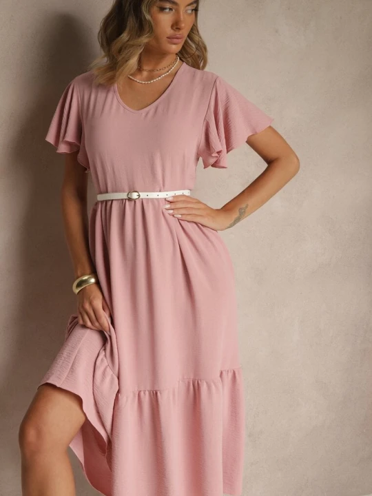 Zdjęcie produktu Różowa Rozkloszowana Sukienka z Wiskozą w Casualowym Stylu Filarenna Ann Gissy