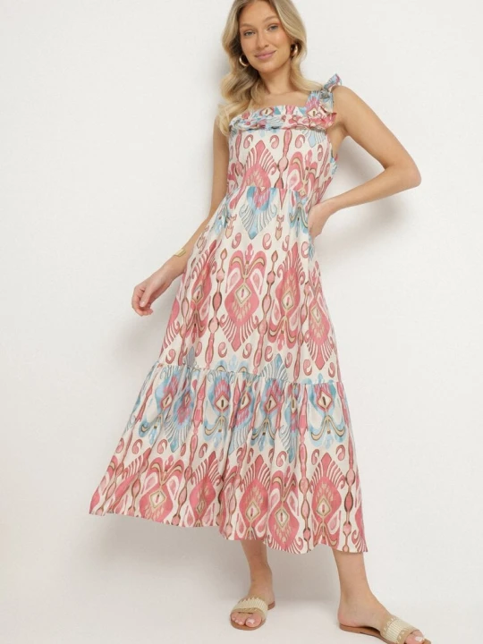 Zdjęcie produktu Różowa Rozkloszowana Sukienka z Wiskozą Wiązana na Plecach w Print Boho Turielia Rosita