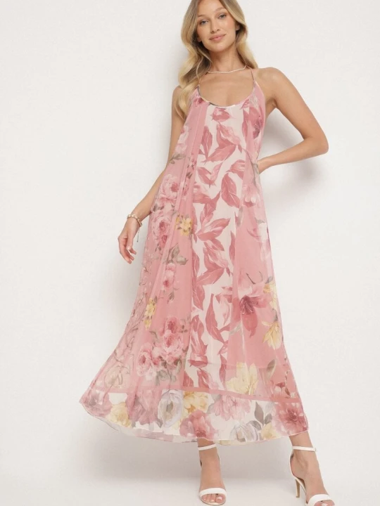 Zdjęcie produktu Różowa Siateczkowa Sukienka z Wiskozą w Kwiatowy Wzór Izaleira New Collection