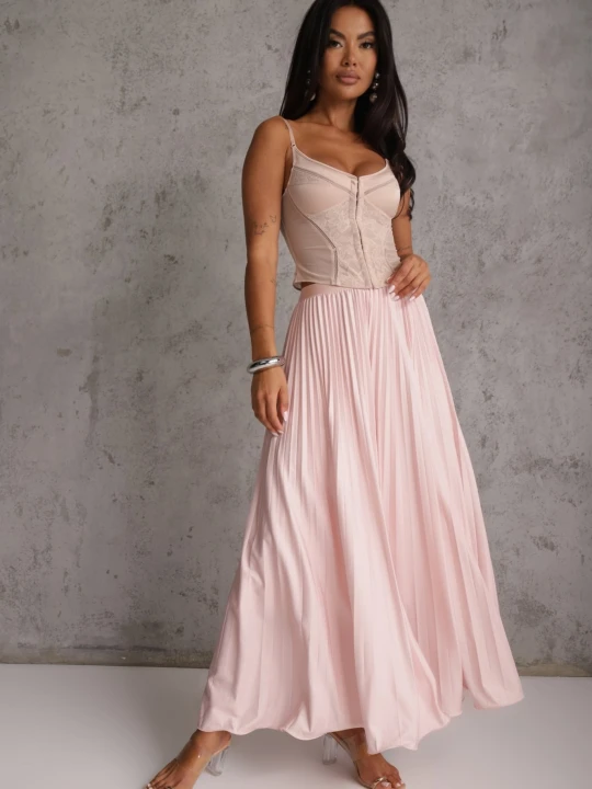 Zdjęcie produktu Różowa Spódnica High Waist Zdobiona Drobnym Plisowaniem Aniope Rosa