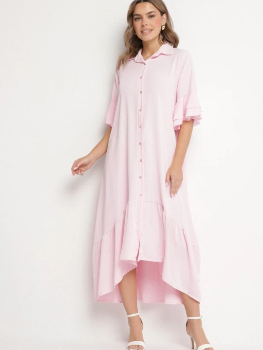 Zdjęcie produktu Różowa Sukienka Koszulowa z Ozdobną Falbanką Daviravie New Collection