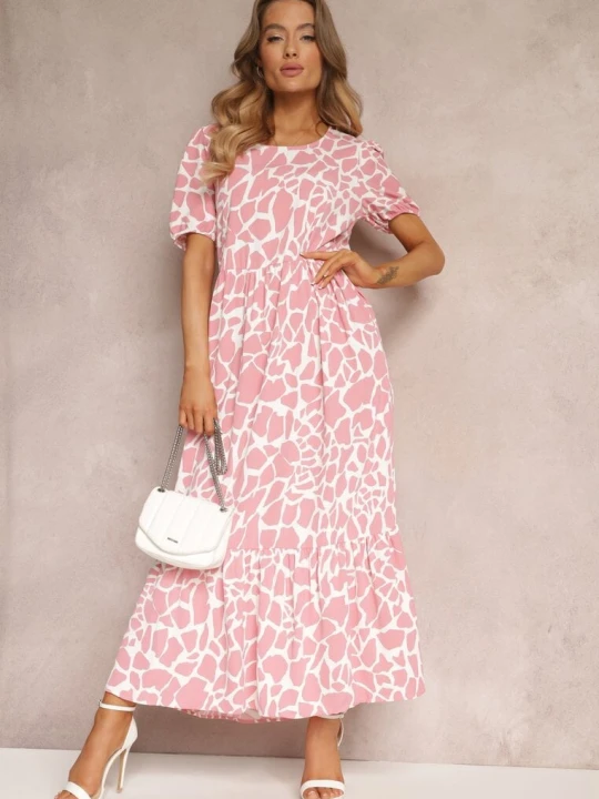 Zdjęcie produktu Różowa Sukienka Maxi z Krótkim Rękawem i Falbanką Hartleigh R&f Fashion