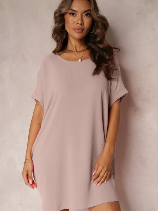Zdjęcie produktu Różowa Sukienka Mini o Fasonie Nietoperza z Okrągłym Dekoltem Maglia New Collection