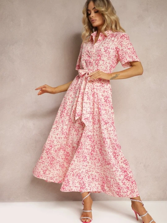 Zdjęcie produktu Różowa Sukienka o Koszulowym Kroju w Kwiaty z Materiałowym Paskiem Freria Retro & Icone