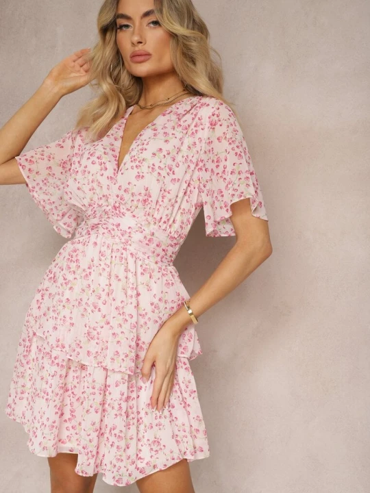 Zdjęcie produktu Różowa Sukienka o Rozkloszowanym Kroju z Gumką w Pasie i Marszczeniami Nerva Retro & Icone