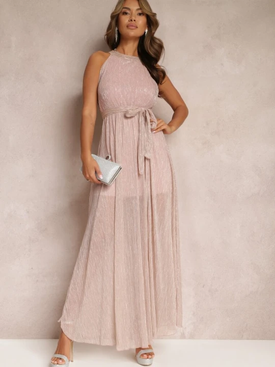 Zdjęcie produktu Różowa Sukienka z Dekoltem Halter Błyszczącą Nicią i Gumką w Pasaie Ketura Lily Rose