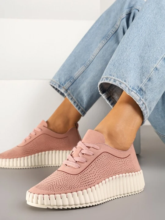 Zdjęcie produktu Różowe Ażurowe Sneakersy na Grubej Podeszwie z Tłoczeniem Ronele Super Mode