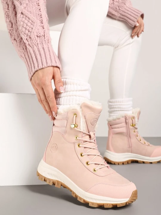Zdjęcie produktu Różowe Botki Śniegowce w Trekkingowym Stylu na Grubej Podeszwie Elorene