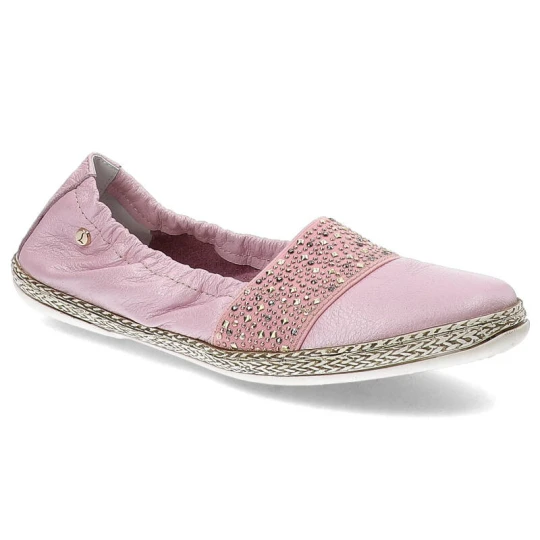 Zdjęcie produktu Espadryle damskie Lemar, ze skóry naturalnej z ozdobnymi cyrkoniami na cholewce, różowe, 10046