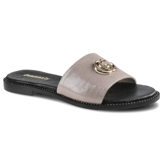 Zdjęcie produktu Klapki damskie Dwunasty Shoes, z szerokim paskiem z przodu płaską podeszwą oraz ozdobnym detalem na cholewce, różowe, 907-1