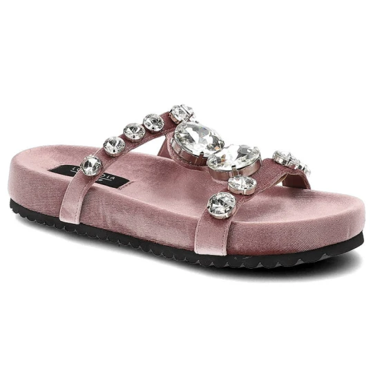 Zdjęcie produktu Klapki damskie Scaviola, zamszowa cholewka szerokie paski zdobione biżuteryjnymi kryształami komfortowa płaska podeszwa, dark pink, S-37 Sca'viola