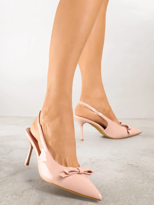 Zdjęcie produktu Różowe Lakierowane Sandały Szpilki Vices Typu Slingback z Kokardą Dorozia