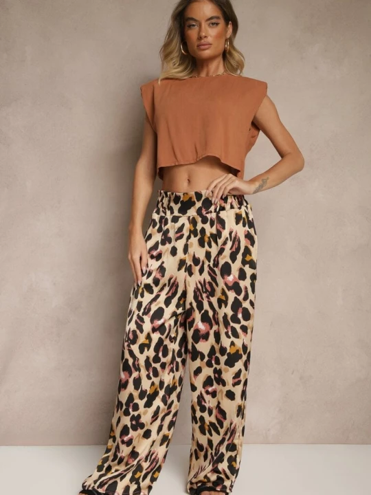 Zdjęcie produktu Różowo-Beżowe Panterkowe Spodnie o Szerokim Kroju Paper Bag High Waist Saliandra Rosa