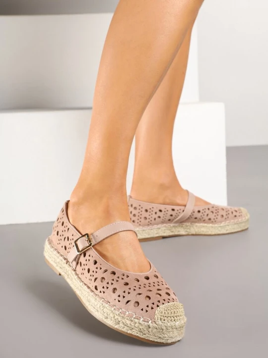 Zdjęcie produktu Różowe Płaskie Espadryle z Plecionką i Ażurową Cholewką Aralithra