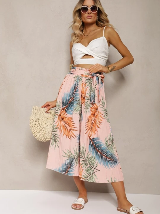 Zdjęcie produktu Różowe Plisowane Spodnie z Szerokimi Nogawkami High Waist z Gumką w Talii Alfia Airisa