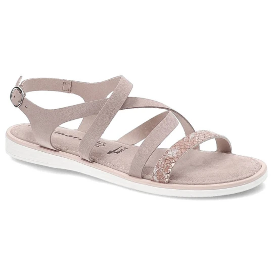 Zdjęcie produktu Sandały damskie Tamaris, naturalna skóra licowa z cienkimi krzyżującymi się paskami regulowanym zapięciem na sprzączkę oraz płaską lekką podeszwą, ró różowy