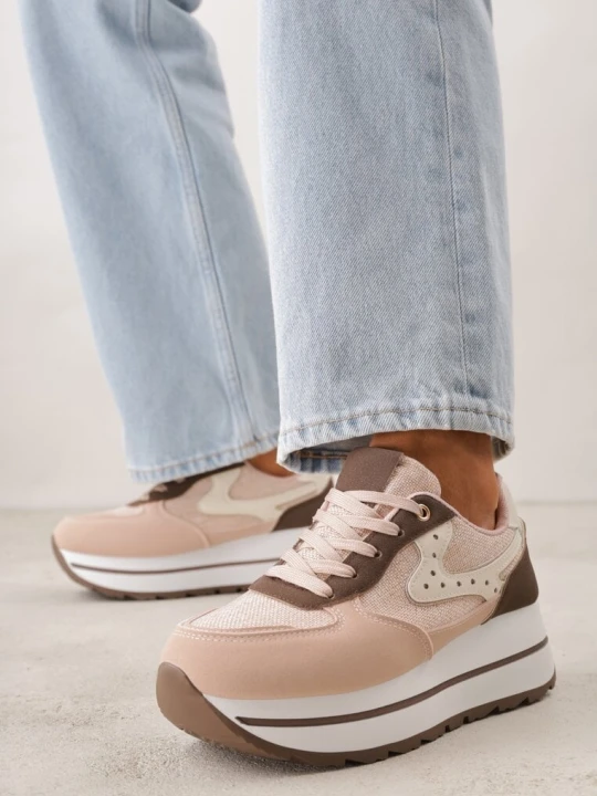 Zdjęcie produktu Różowe Sneakersy na Grubej Podeszwie z Perforacją i Tweedowymi Wstawkami Idaphyphe Be.Sport