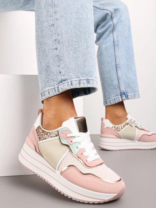 Zdjęcie produktu Różowe Sneakersy na Niskiej Platformie ze Wstawkami z Brokatu Quinnes