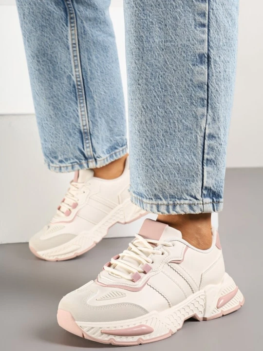 Zdjęcie produktu Beżowo-Różowe Sneakersy Streetwearowe z Kontrastowymi Przeszyciami Ilirenas Seastar