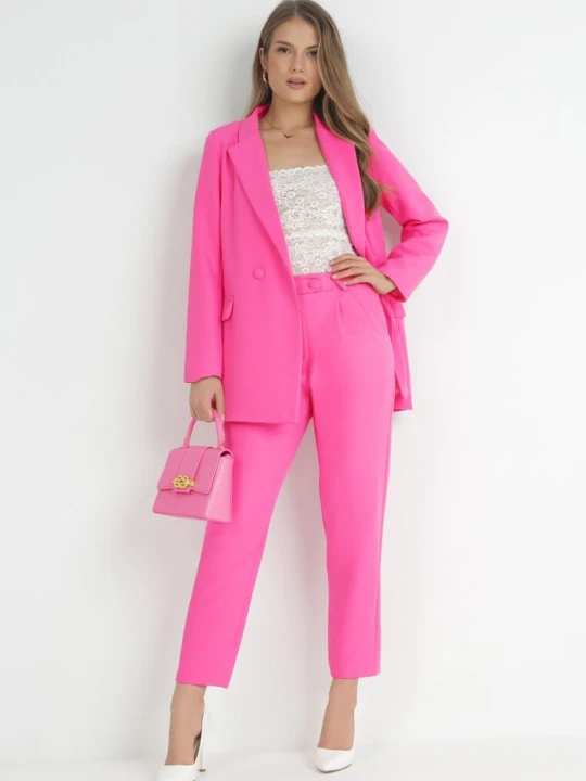 Zdjęcie produktu Różowe Spodnie Cygaretki z Wysokim Stanem i Gumką w Pasie Elexis New Collection