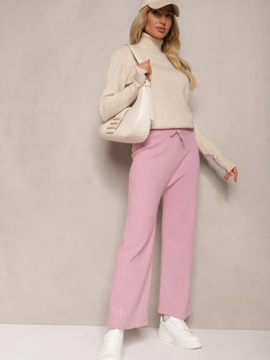 Zdjęcie produktu Różowe Spodnie o Szerokim Kroju High Waist z Cyrkoniami i Gumką w Pasie Loreitha J&x