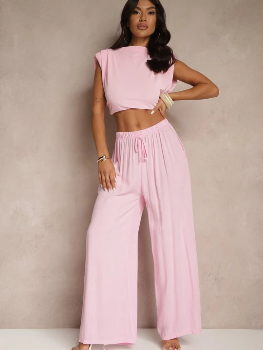 Zdjęcie produktu Różowe Szerokie Spodnie High Waist z Gumką w Talii Ilnena Lovery
