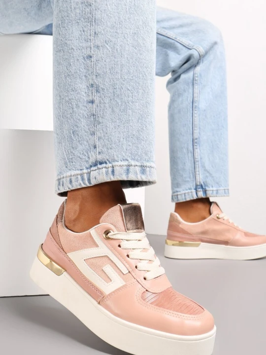 Zdjęcie produktu Różowe Sznurowane Sneakersy na Grubej Podeszwie z Metaliczną Wstawką Faeline