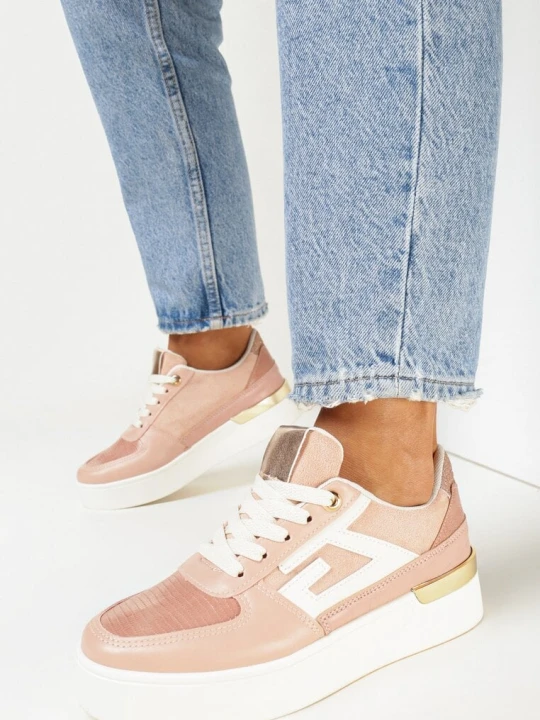 Zdjęcie produktu Różowe Sznurowane Sneakersy na Płaskiej Grubej Podeszwie Zantea