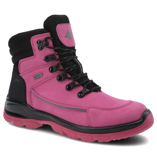 Zdjęcie produktu Trekkingi unisex 4F, skóra naturalna nubuk z tekstylnymi wstawkami sznurowanie z metalowymi haczykami oraz gruba amortyzowana podeszwa, fuksja-czarne różowy