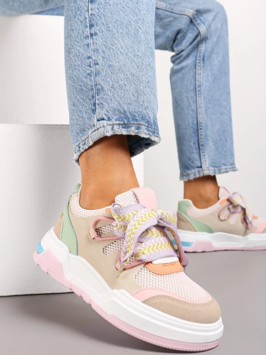 Zdjęcie produktu Różowo-Beżowe Sneakersy na Grubej Podeszwie z Ozdobnymi Sznurówkami Zeldema