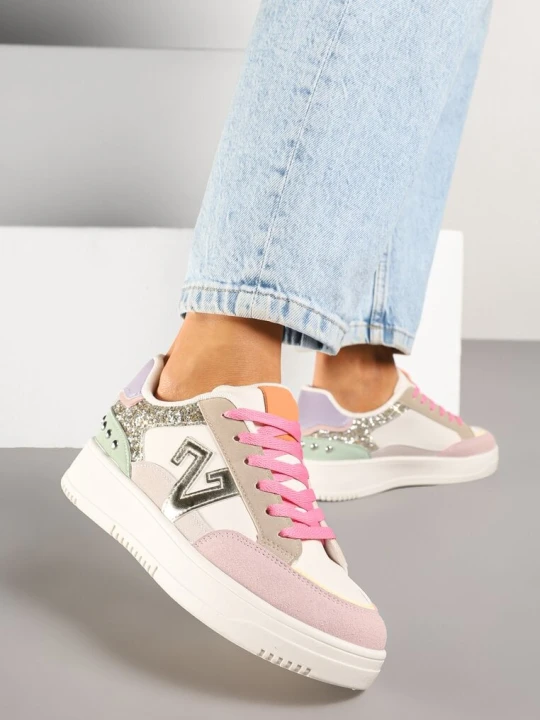 Zdjęcie produktu Różowo-Beżowe Sneakersy Ozdobione Metalicznymi Aplikacjami i Brokatem Pilliossa Ideal