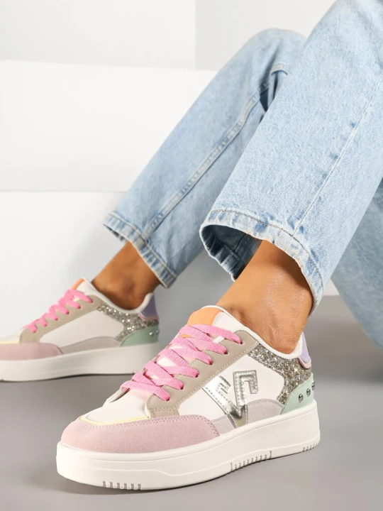 Zdjęcie produktu Różowo-Beżowe Sneakersy z Brokatem i Metalicznymi Ozdobami Pillara Ideal
