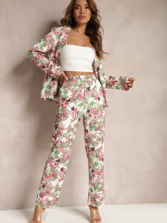 Zdjęcie produktu Różowo-Białe Spodnie w Kwiatowy Print High Waist z Szeroką Nogawką Lastaria Sophyline