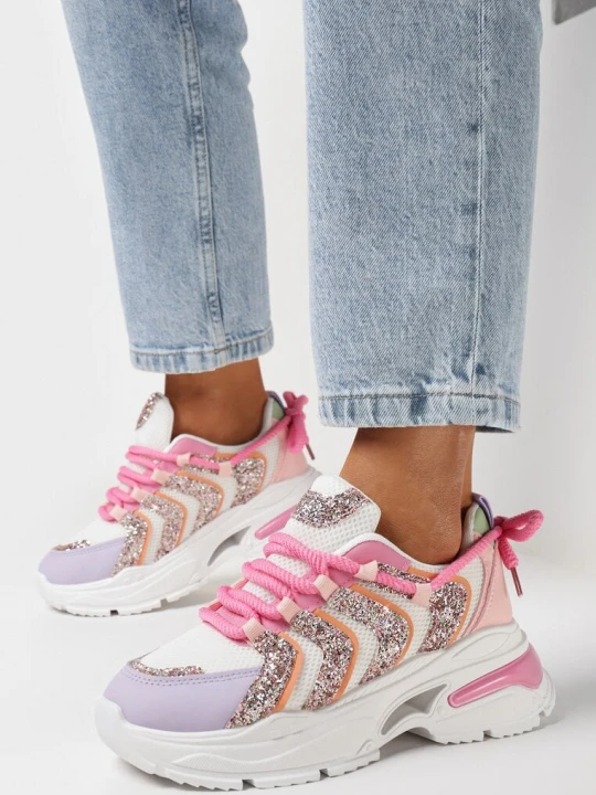 Zdjęcie produktu Różowo-Fioletowe Sneakersy na Platformie z Brokatowymi Wstawkami Flenai