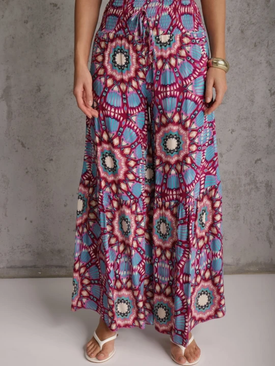 Zdjęcie produktu Różowo-Niebieskie Spodnie Typu Palazzo z Wiskozy High Waist z Gumką w Pasie Bistalia Cflo