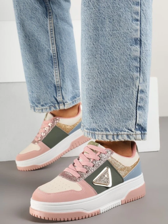 Zdjęcie produktu Różowo-Zielone Sneakersy Ozdobione Brokatem Cyrkoniami i Perforacją Tillitara Renda