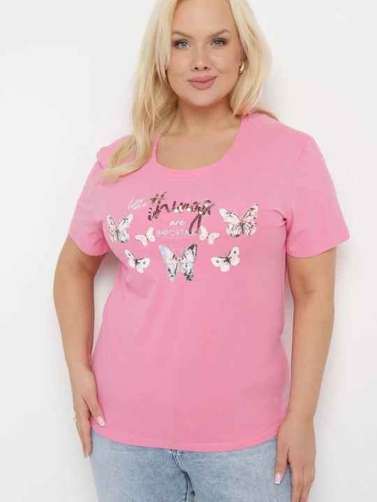 Zdjęcie produktu Różowy Bawełniany T-shirt Koszulka z Krótkim Rękawem z Nadrukiem i Cyrkoniami Qumara Glo-story