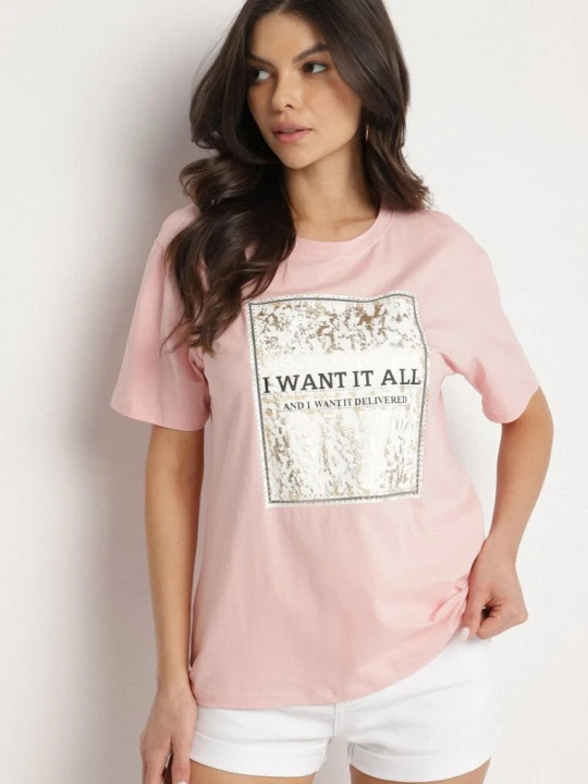 Zdjęcie produktu Różowy Bawełniany T-shirt Ozdobiony Nadrukiem Nelltaria Glo-story