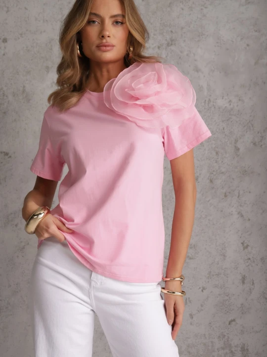 Zdjęcie produktu Różowy Bawełniany T-shirt z Krótkim Rękawem i Ozdobnym Kwiatem Krissas Retro & Icone
