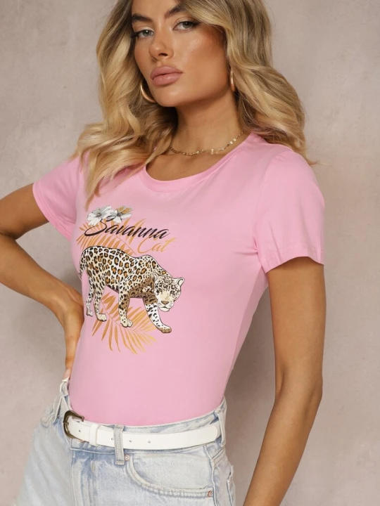 Zdjęcie produktu Różowy Bawełniany T-shirt ze Zwierzęcym Nadrukiem Zeliflea Glo-story