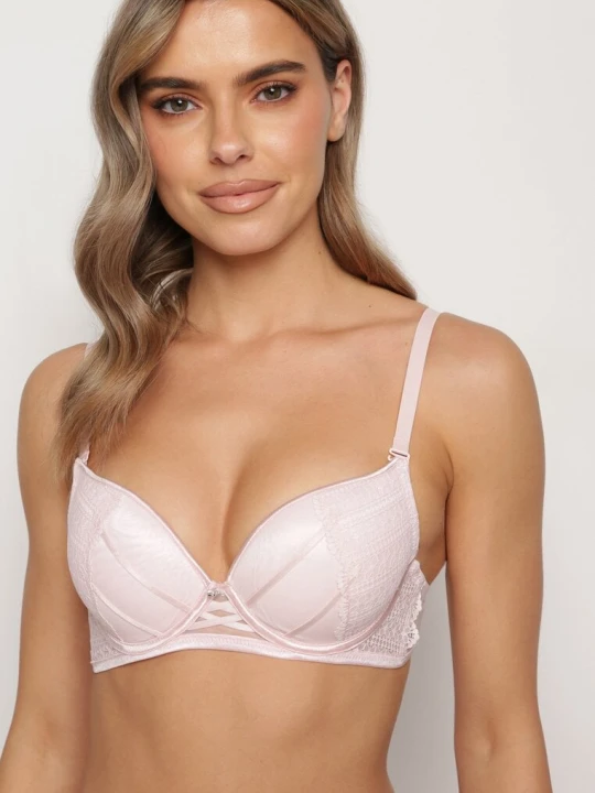 Zdjęcie produktu Różowy Biustonosz Push Up z Przeszyciami i Wzorem w Kropki Azurelle
